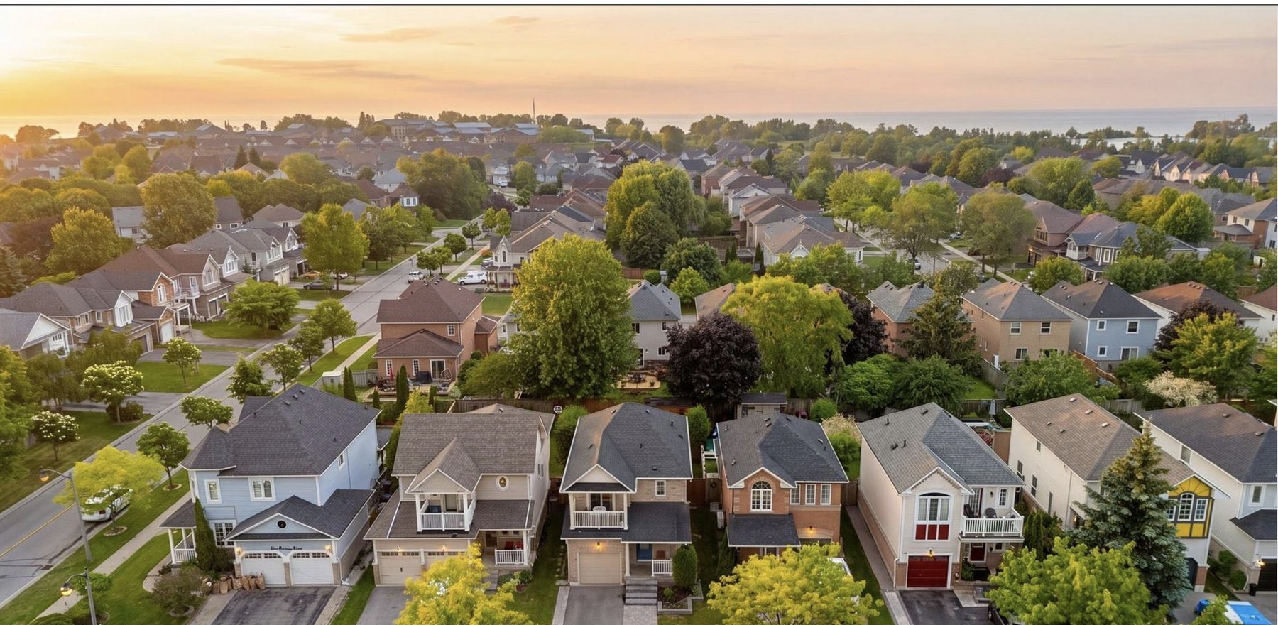 Aerial view of the Whitby Shores neighbourhood at sunset, near the Lake Ontario waterfront, served by The Gordon Brothers Team